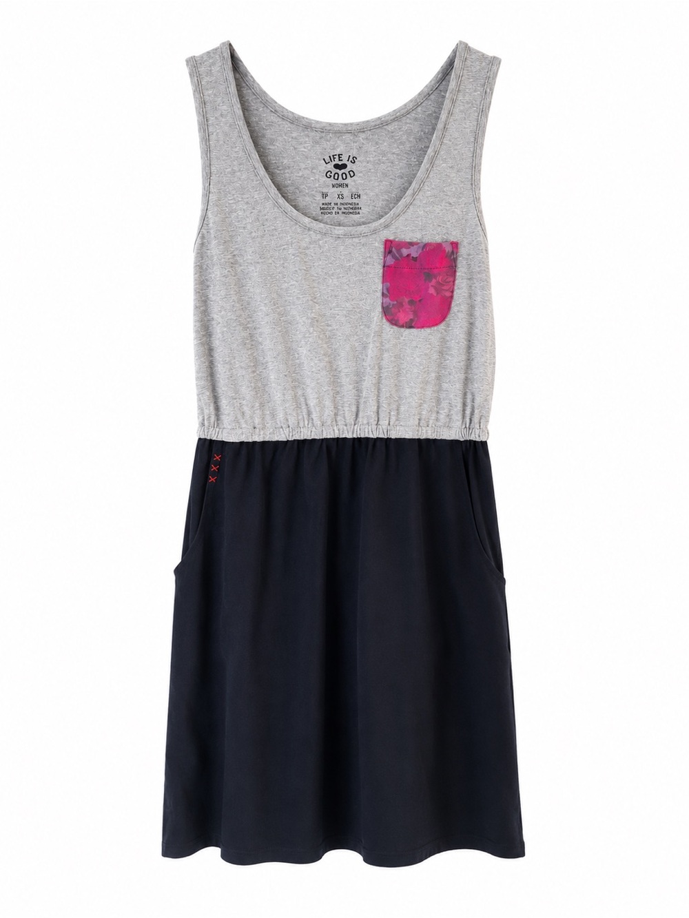 Life Is Good Grey and Black Tank Dress with Pink Pocket Accent